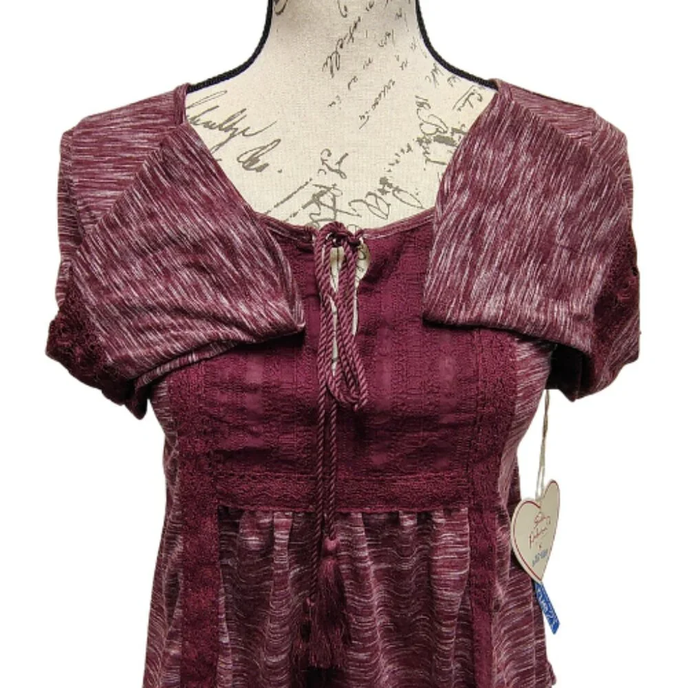 Womens Burgundy Embroidered Peasant Top‎ M Crochet 3/4 Flare Sleeve Boho Fall